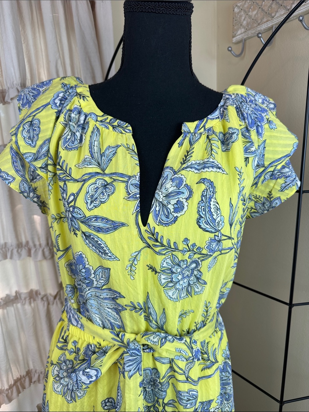 LOFT Trellis Garden Yellow Ruffle MIDI Dress Women's 14P EUC - Picture 2 of 7